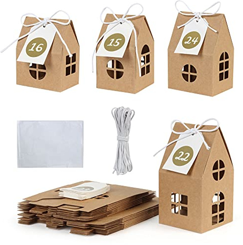 GWHOLE 24Pcs Empty Advent Calendar to Fill, Paper House Shaped Gift Boxes with 1-24 Number Tags Countdown to Christmas, Christmas Treat Boxes for Xmas Decoration Party Favors