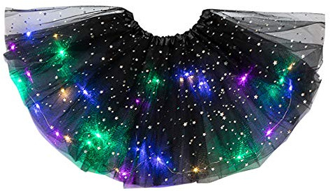 Damen Dehnbar Faltenrock Schulmädchen Skater Tennis Mini Rock Netz-LED-Schichtrock Puffy Lights Ballerina Stars Rockes 3 Damenrock