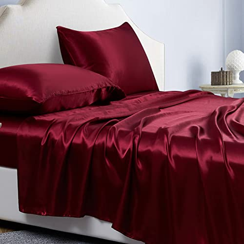 Jemiipee Juego de Sabanas de 4 Piezas Raso Cama 135 Color Sólido 135x190 cm para Colchón de hasta 36 cm de Altura - Sábana Bajera Ajustable, Encimera y 2 Funda de Almohada - Vino Rojo