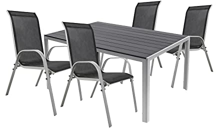Mojawo 5er Set Alu Silber Gartenmöbel Gartengarnitur WPC 180x90x74cm + 4 Stapelstühlen Textilen