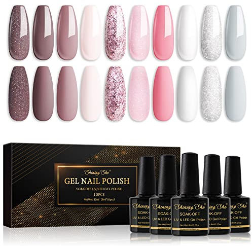 Shining She UV Nagellack, 10 Farben Glitter Rosa Weiß Grau Pastell Gel-nagellack Soak-Off UV Gel Nagellack Maniküre Set für Anfänger Art Salon DIY Nail, 8ML