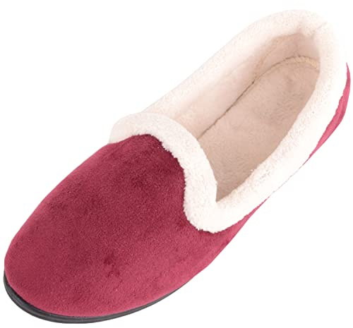 ABSOLUTE FOOTWEAR Kvinnor flickor velourstil slip-on bred passform inomhusskor inomhus tofflor, Vinröd, 37 EU