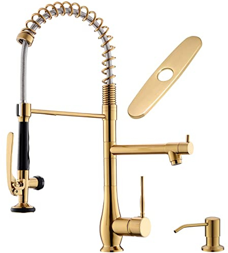 GIMILI Commercial Kitchen Faucet with Pull Down Sprayer, Double Headed Single Handle High Pressure Kitchen Faucet with Soap Dispenser Brushed Gold