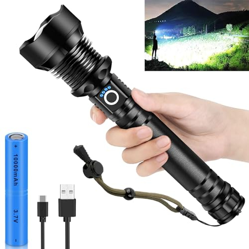 Torches Led Super Bright 600000 Lumens, 10000mAh Rechargeable Torch, Powerful Torch XHP90.2 with 6 Modes & IPX7 Waterproof & Zoomable Bright Torches for Camping