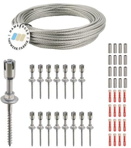 Rankhilfe/Ranksystem ''M'' aus Edelstahl - Wandabstand 50mm (Set 7) mit 16 Wandhaltern und 30m Drahtseil