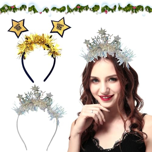 Silvester Haarreif, 2 Stück Happy New Year Haarreifen, 2025 Stirnband Kopfschmuck Haarreifen Silvester, Silvester Deko 2025, Party Haarreif, Kinder Erwachsene Silvester Party Haarschmuck Zubehör