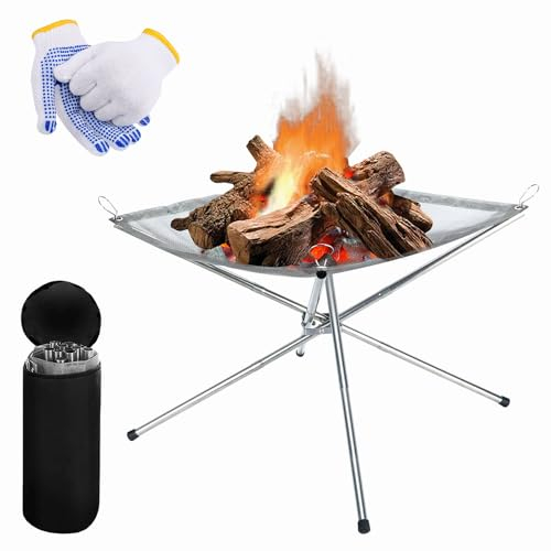 Braciere portatile pieghevole da campeggio, 42 cm, in acciaio inox, pieghevole, con borsa per il trasporto e guanti, set di braciere pieghevole per giardino, picnic, barbecue