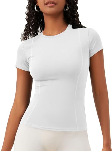 IECCP T-Shirt de sport pour femmes, manches courtes, haut d'entraînement, col rond, respirant, athlétique, pour la course, le gym, le yoga, haut de fitness, taille XS-XL, Blanc., S