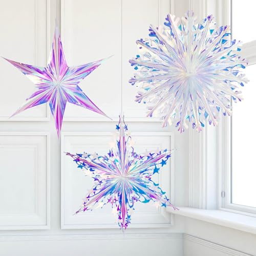 3 schillernde Deko-Ornamente, hängende Fächer, Sternenschneeflocken, Hexagramm-Sterne-Girlande für Heimdekoration, Hochzeit, Geburtstag, Weihnachten, Partys | Hexagramm hängende Dekorationen, klare Folie, faltbares Regenbogen-Design für Zuhause, Hochzeit, Geburtstag, Weihnachtsfeiern