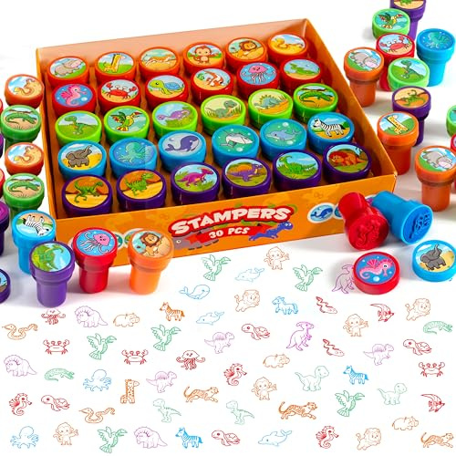 SYNCFUN 30 Stück Tierstempel für Kinder, sortierte selbstfärbende Stempel für Kleinkinder, Partytütenfüller für Kinder, 5 Farben, 30 Muster, Kinder-Stempel, Preistütenfüller, kleine Geschenke