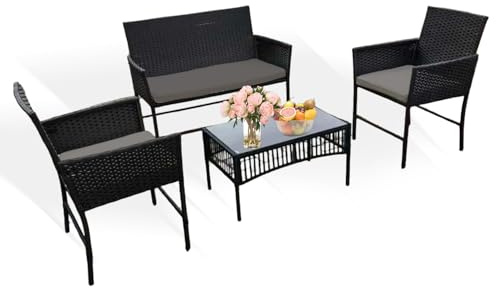 Holywarm Rattan Garden Furniture Set: 4-Piece Outdoor Patio Furniture Set with Table and Chairs, Garden Conversation Bistro Sofa Set for Yard, Pool, or Backyard (Mixed Grey + Dark Grey Cushions)