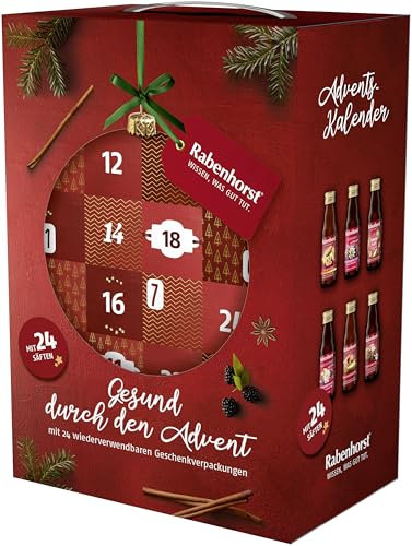 RABENHORST Saft Adventskalender – 24 hochwertige Direktsäfte in Glasflaschen (12 verschiedene Sorten) – Vegan, ohne Zuckerzusatz – Gesunder Adventskalender für Kinder und Erwachsene (2024)