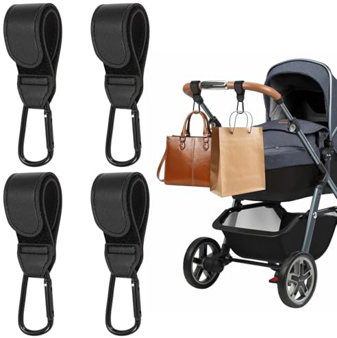 Clips para cochecito, 4 clips para cochecito, ganchos de piel sintética para cochecito, clip negro para cochecito, bolsa de pañales para mamá, mochila, compras, comestibles, uso al aire libre (4