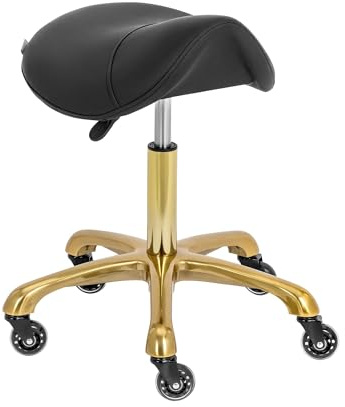 physa Saddle Stool - 55 - 70 cm - 150 kg - black/gold Salon stool Pedicure stool Stool with wheels Rolling saddle stool
