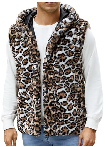 Foweknow Weste Herren Leopard Fleece Fellweste Ärmellos Vielseitige Bodywarmer Freizeitweste Modische Trendings Regular Fit Pelzmantel Plüsch Bequeme Lässig Outdoorjacke
