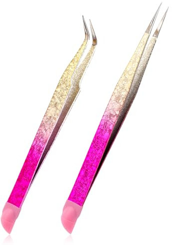 2 pinzas de doble extremo, pinzas adhesivas de acero inoxidable con cabezal de presión de silicona, pinzas de uñas para extensiones de pestañas y calcomanías de arte de uñas, calcomanías de diamantes