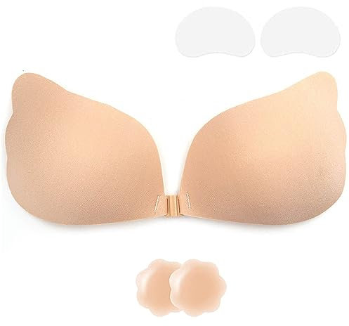 Adhesive Bra Push Up, Strapless Bra, Invisible Bra Backless, Reusable Bra Without Straps, Skin-Friendly Silicone Push Up Bra, Strapless, for Eel Backless Clothing, beige, DD