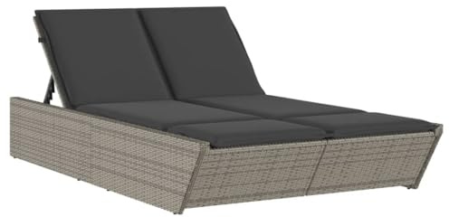 Emmtore Doppel Sonnenliege, Gartenliege mit Auflagen, Doppelliege für Garten Terrasse, Relaxliege Sonnenbett Gartenmöbel,Poly Rattan Doppel Sonnenliege,Grau