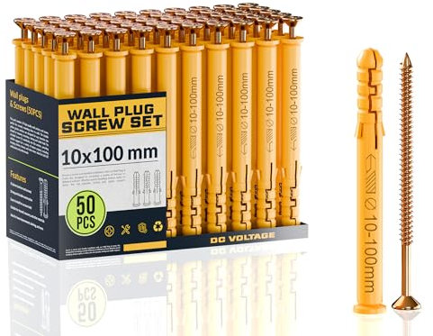 DC VOLTAGE Set di 50 tasselli da parete e viti da 10 mm x 100 mm, viti di fissaggio per calcestruzzo, viti e tasselli di espansione per parete, kit per montaggio a parete, montaggio TV a secco, viti