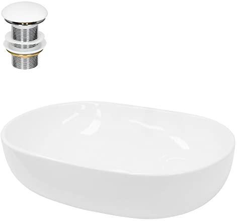 LuxeBath Waschbecken Keramik 600x420x145 mm, oval, Weiß mit Ablaufgarnitur Weiß, Aufsatzwaschbecken für Badezimmer/Gäste-WC, Modernes Aufsatzbecken, Waschtisch Waschschale Waschplatz Handwaschbecken