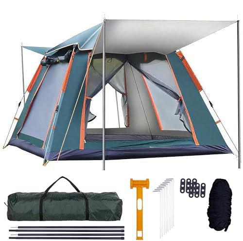QQ CAT Camping Tent, 2 Person Instant Pop Up Dome Tent, Waterproof 3000mm with Extensible Porch, Lightweight 5kg Windproof Backpacking Tent for UK All Seasons, Green/Orange