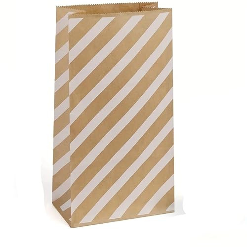 pipisweet Lot de 10 sacs en papier kraft, 1,8 kg, 12,7 x 7,5 x 24,9 cm, sacs à goûter, sacs à pain, sacs artisanaux, sacs à déjeuner en papier kraft marron avec pois blancs (rayures marron)