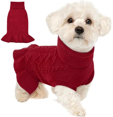 Lelepet Hundepullover mit Rollkragenpullover, Zopfmuster, warmes Kleid für kleine, mittelgroße und große Hunde, Welpen, Herbstpullover, Yorkie, Malteser, Größe S, Rot