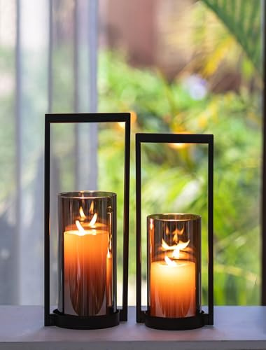 Sziqiqi Windlicht Kerzenständer Schwarz mit Rauchglas: Kerzenhalter Metall mit Windlicht Grau Glas fur Outdoor Deko - Modern Kerzenständer Stumpenkerzen für Wohnzimmer Draußen Fensterbank