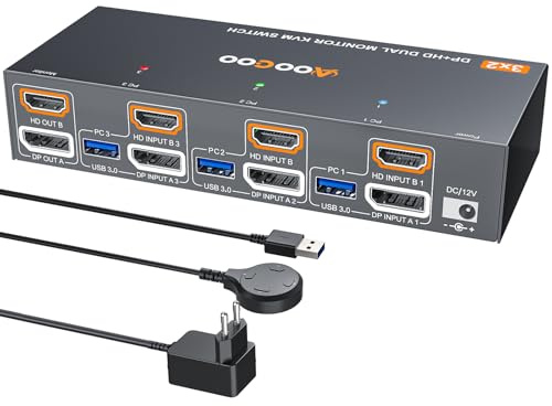 HDMI DP KVM Switch 8K@60Hz, Dual Monitore KVM Switches für 3 PC und 2 Monitor mit 4 USB 3.0 Häfen, Kabelfernbedienung, USB Kabel im Lieferumfang, Netzteil