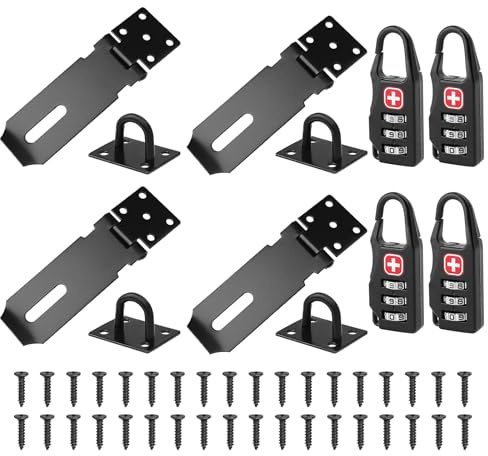 4 Pcs Padlock Hasp with Staple and 4 Pcs Code Lock, Heavy Duty Padlock Hasp and Staple for Shed Lock, Gates, Doors, Windows, Cabinet Lockers, Pet Cage Crate