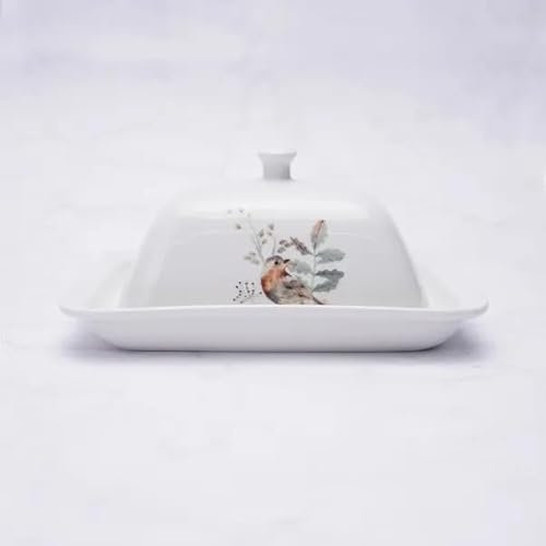 New Traditional Robin Design Stoneware Butter Dish with Lid – Festive Christmas Tableware, Durable Dishwasher Safe Holiday Dining Décor, Perfect for Seasonal Meals -M47
