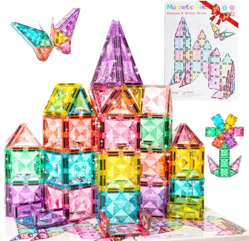 48 st magnetiska byggstenar 7,5 cm diamant glitter byggstenar i metallfodral, STEM pedagogiska leksaker & kreativa byggleksaker för barn 3–7 år pedagogisk leksak, gåva för pojkar flickor