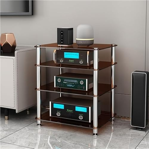 FENNIDICE 2/3/ 4 Tier Media Stand Audio/Video Component Cabinet with Tempered Glass，Stereo Racks for VD Player/Game Console/TV Box/WiFi Routert，Stainless Steel HiFi Audio Rack(Brown,4 Tier)