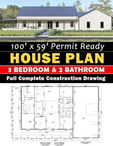 100' x 59' Permit Ready House plan set: 3 Bedroom & 2 Bathroom: Complete Set of City Permit Ready Plan