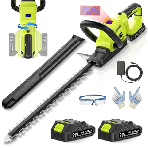 VOERJIA 21V Hedge Trimmer Cordless with Battery, 20 Lightweight Electric Bush Trimmer, 2X 2.0Ah LCD Display, 180° Rotating Handle, 3000RPM Dual-Action Blades, 2/3 Gap for Shrubs,Gifts for Father