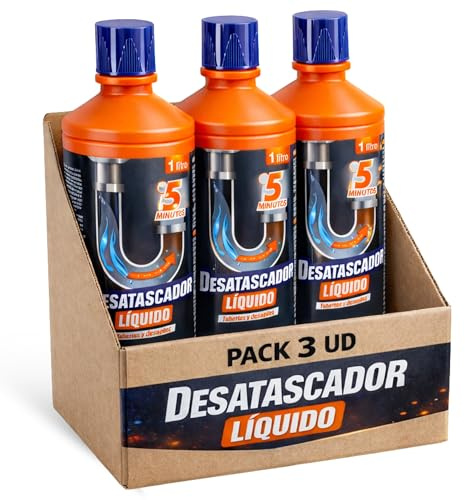 Desatascador liquido, Gel para Tuberías, Desatasca a la Primera, Elimina atascos en tuberias y Desagües, Acción rápida en 5 Minutos, Con Agentes salva tuberías, Contiene 3 botellas de 1 Litro