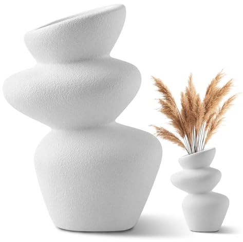RANJIMA Keramik Vase, Skulpturale Keramikvase, Weiße Dekorative Vasen für Pampasgras Deko, Kleine Vase mit rauer Steinstruktur, Modern Vase für Home Wohnzimmer Esstisch Bauemhaus Büro Dekor