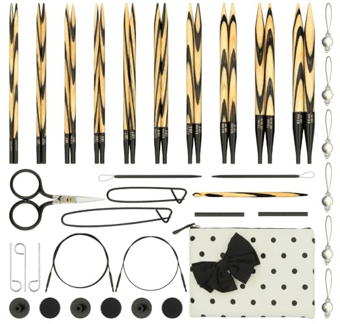 KnitPro Cherie Austauschbares Rundstricknadel Set - 10 Größen 3.0-8.0mm - Birkenholz Nadeln mit 4 Drehbaren Seilen und Zubehör - Punkte Etui