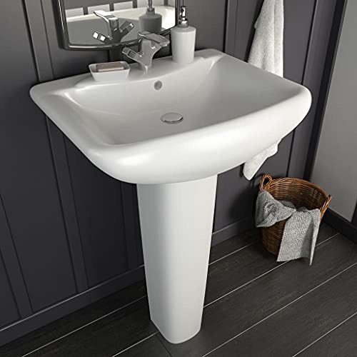 Lavabo autoportante con colonna in ceramica bianca 580 x 470 x 200 mm per mobili da bagno – Piatto autoportante di alta qualità con colonna integrata e preforato