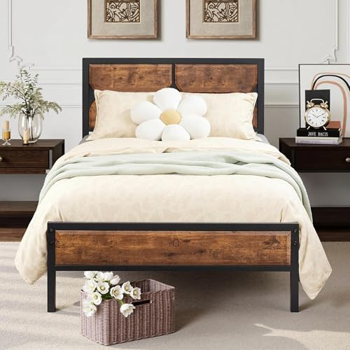VECELO Cadre de Lit 90x190 avec sommier, Lit Simple en Métal, Tête de Lit en Bois Effet Rustique, Structure Robuste Anti-Bruit, Charge 250 kg, Rangement sous lit, Montage Facile, Marron