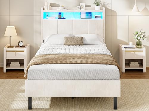 AOGLLATI Cama Individual 90x190 con Espacio de Almacenaje, Marco de Cama con LED, Cabecero con Carga Integrada USB y Type-C, Terciopelo Beige
