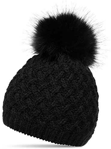 Caspar MU177 Damen Winter Mütze Strickmütze Bommelmütze mit großem Fellbommel (One Size, schwarz)