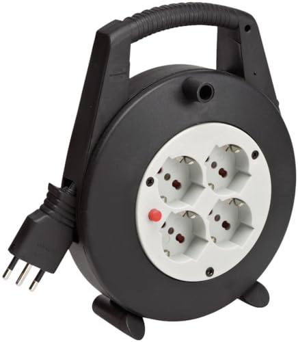 Brennenstuhl 1092235 Vario Line Kabeltrommel, 5 m, mit 4 Steckdosen nach italienischem Standard und Schuko, 10/16 A, schwarz, blau, hellgrau, schwarz, 1092205