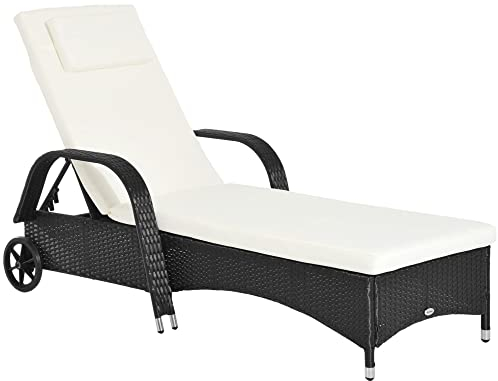 Outsunny Gartenliege Sonnenliege Rattanliege mit neigbarer Rückenlehne Gartenmöbel Liege mobil mit Kissen, Polyrattan+Metall, Schwarz, 200 x 73 x 30-103 cm