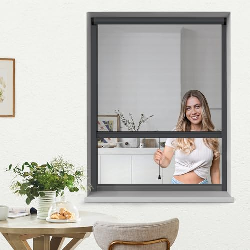 jarolift 4 in 1 Zanzara Insektenschutzrollo Fliegengitter für Fenster, Bausatz mit Aluminium-Rahmen, robustes Fiberglas-Gewebe, 130 x 160 cm (B x H), Anthrazit