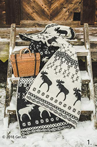 Ger3as Wendedecke Wolldecke Plaid 130 x 200 cm Warme Decke aus Schafwolle Decke Kuscheldecke 100% Wolle Überwurf, Plaid oder Kuscheldecke für Sofa (Elch Schwarz)