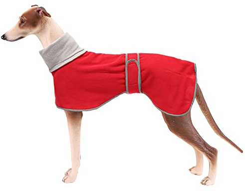 Morezi Winter Hundemantel mit reflektierender Leiste, weiches Polyester-Fleece, verstellbares Band, für Windhunde, Lurcher und Rennhunde-Rot-S
