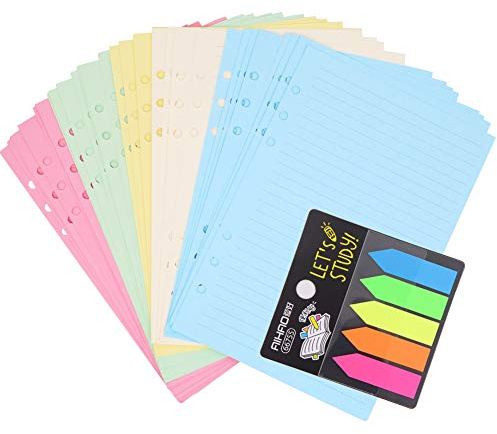 100 Blatt farbiges A5-Nachfüllpapier, 6 gelochte Löcher, 21 x 14,2 cm, Notizpapier, lose Blätter, nachfüllbar, liniertes Papier und 100 Stück Haftnotizen, Klebezettel für Notizen, Meetings und Reisen.