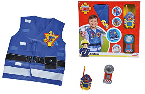 Simba Sleep - Sam Le Pompier - Kit de Pompier - Déguisement - Veste de Sécurité, Lampe Torche et Talkie Walkie Factice - Piles Incluses - 109252477038 Bleu