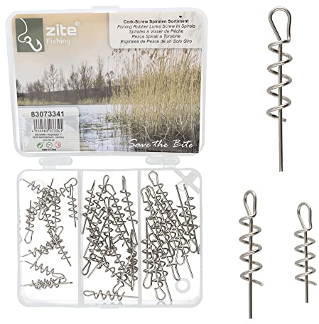Zite Fishing Cork-Screw Spiralen Set – 45 Stück 3 Größen in Sortierbox | Kunstköder Angel-Zubehör Gummifisch-Angeln – Softbait-Spiralen